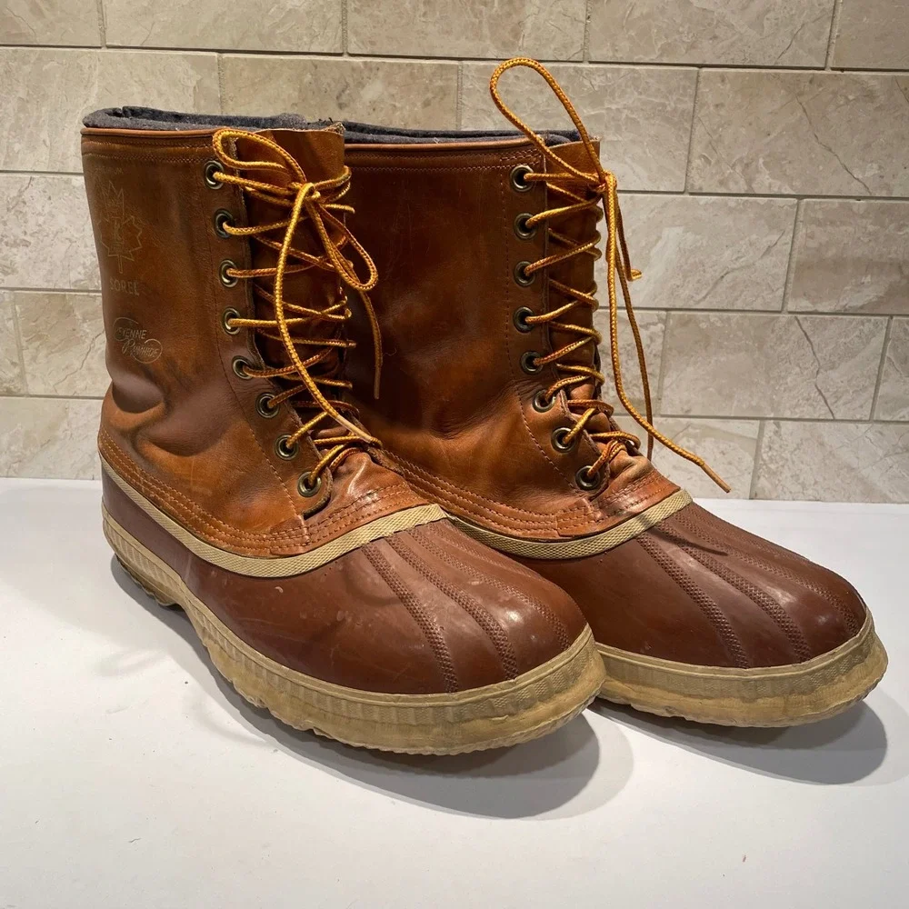 Vintage‎ Sorel Cheyenne Rawhide Leather Duck Boots Mens 13 Brown Made in Canada